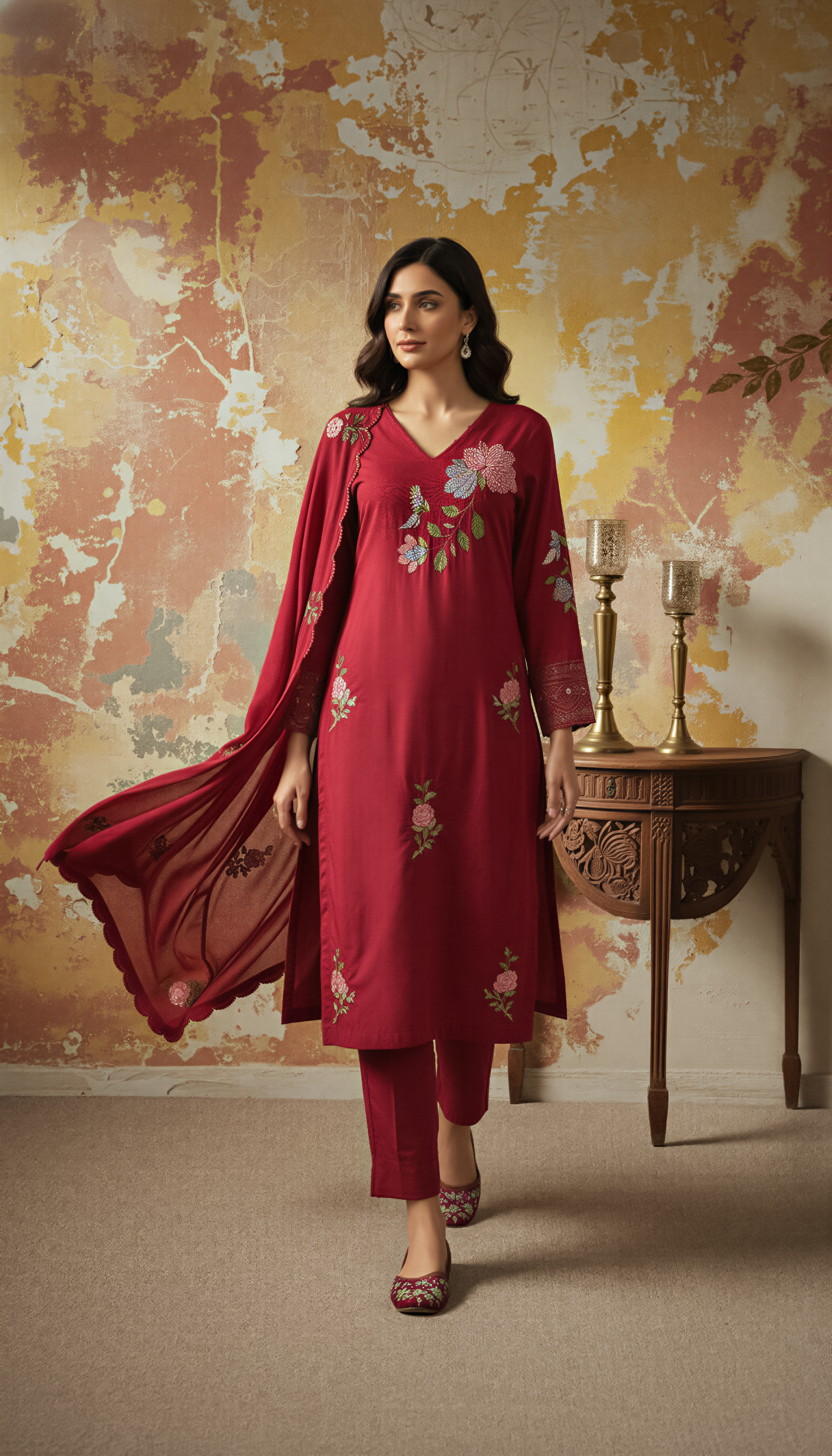 Red Color Elegant Chanderi Silk Embroidered Kurti Pant with Dupatta Set