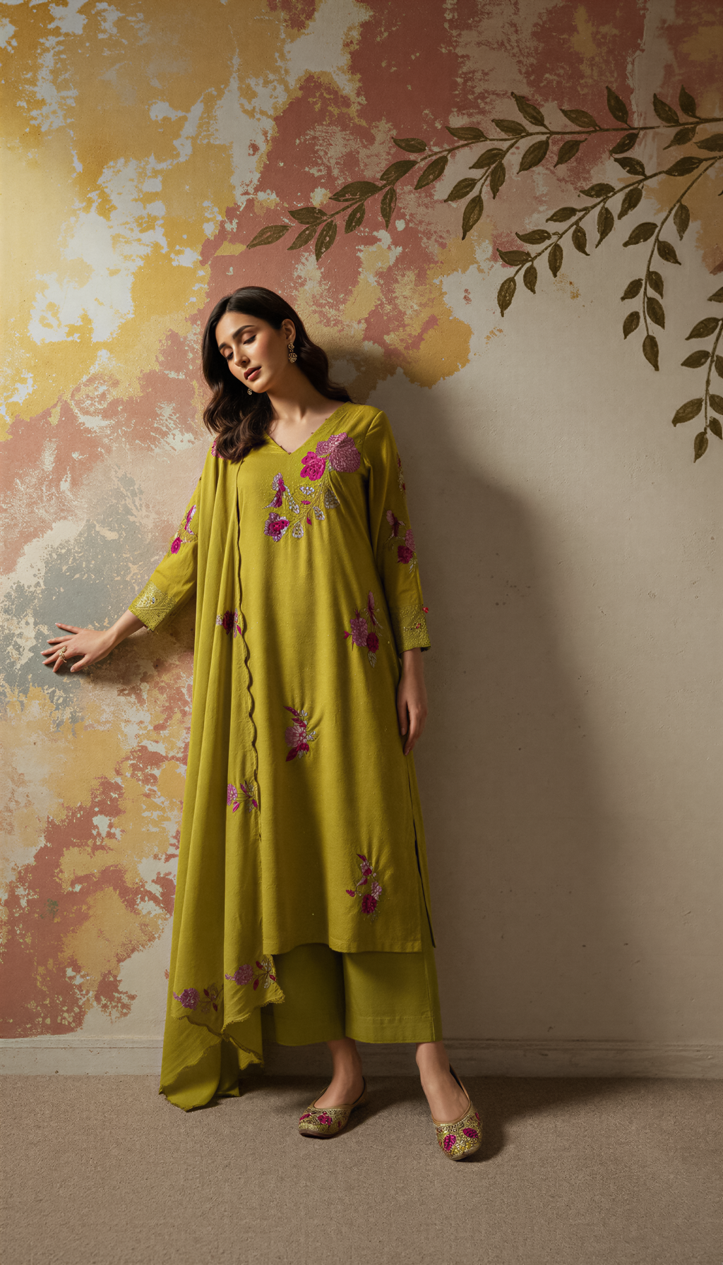 Yellow Color Elegant Chanderi Silk Embroidered Kurti Pant with Dupatta Set