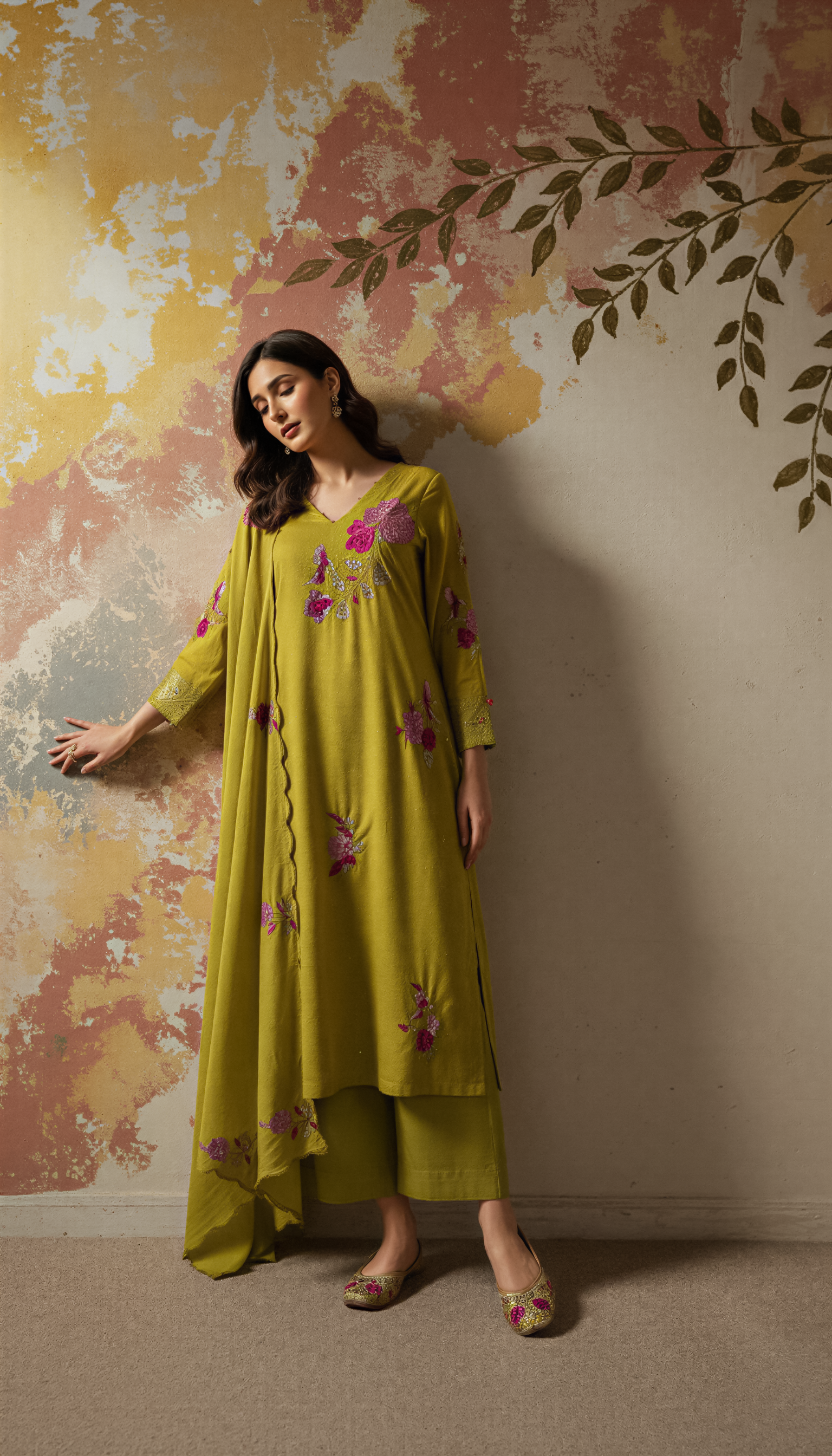 Yellow Color Elegant Chanderi Silk Embroidered Kurti Pant with Dupatta Set