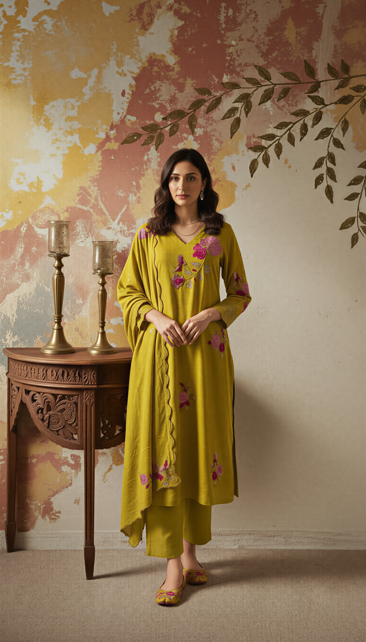 Yellow Color Elegant Chanderi Silk Embroidered Kurti Pant with Dupatta Set