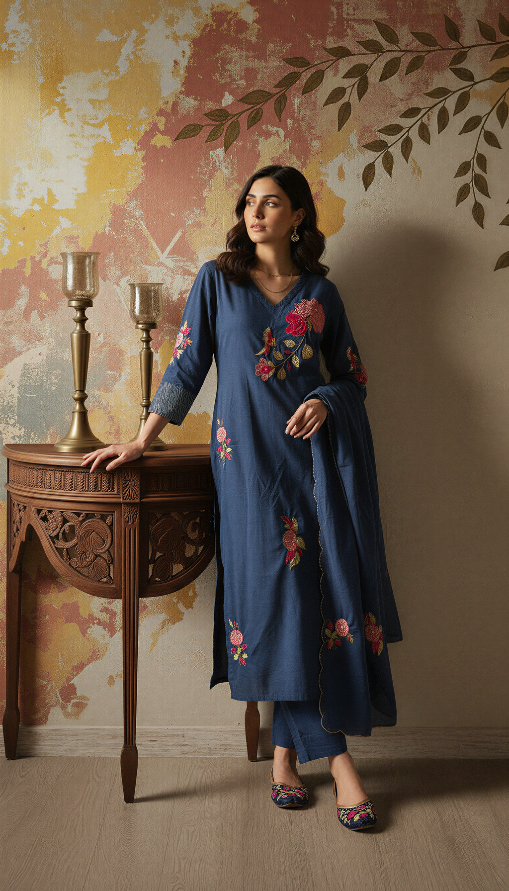 Blue Color Elegant Chanderi Silk Embroidered Kurti Pant with Dupatta Set