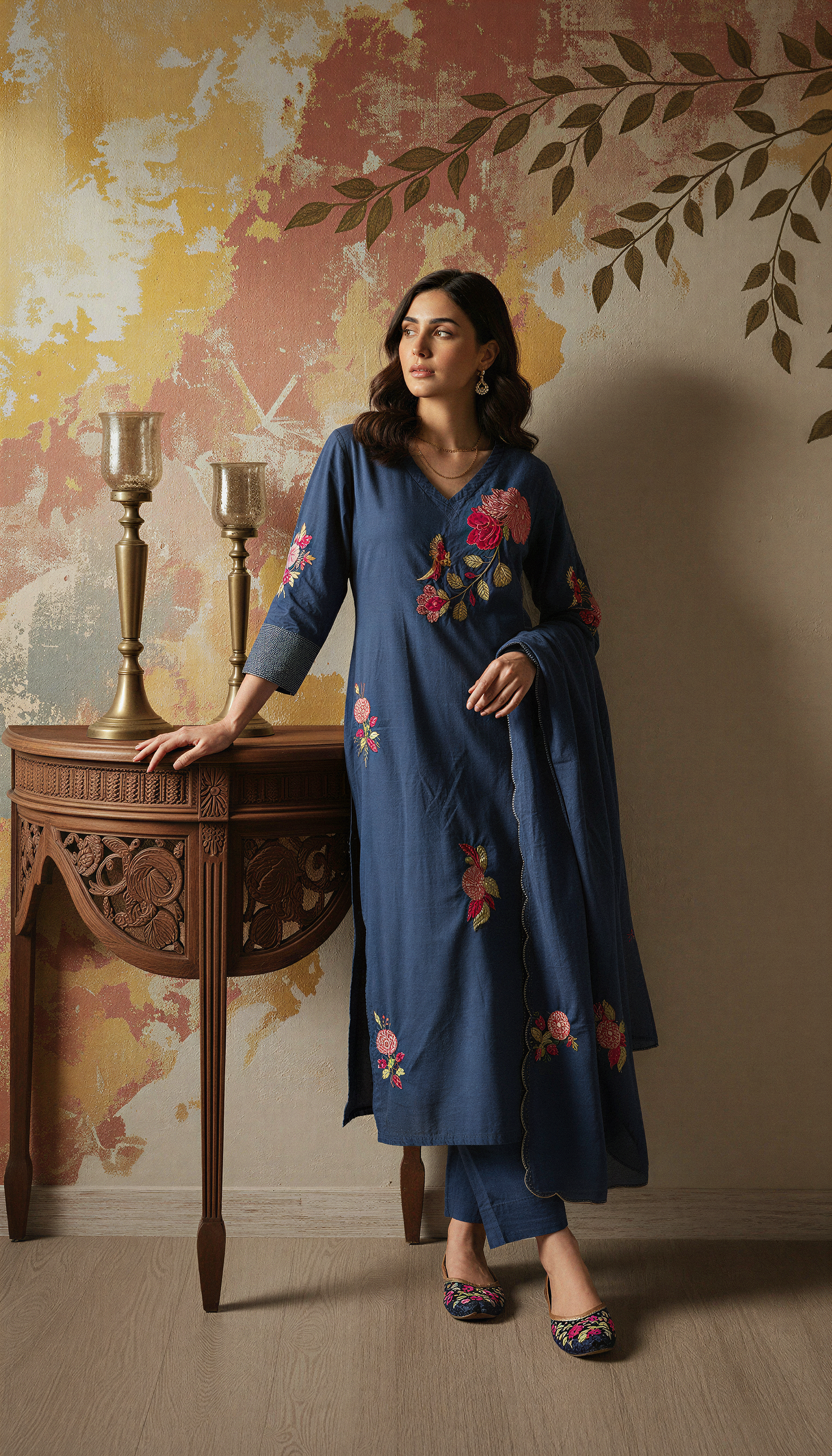 Blue Color Elegant Chanderi Silk Embroidered Kurti Pant with Dupatta Set