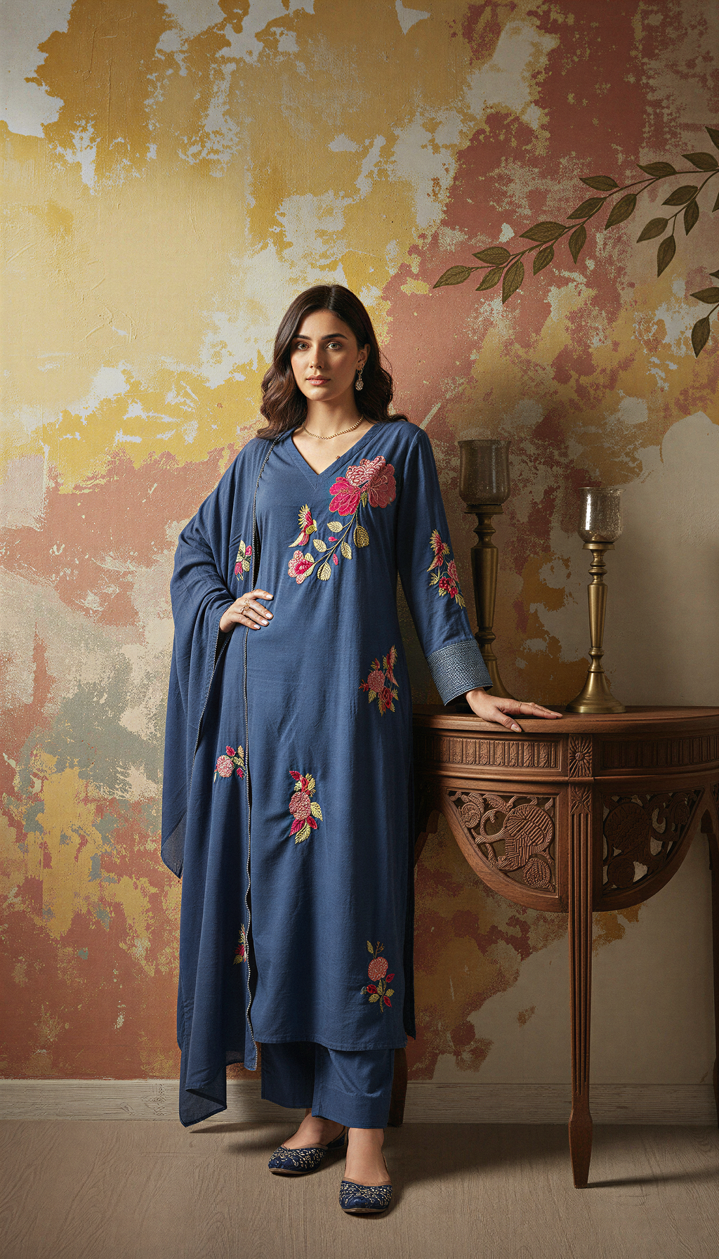 Blue Color Elegant Chanderi Silk Embroidered Kurti Pant with Dupatta Set