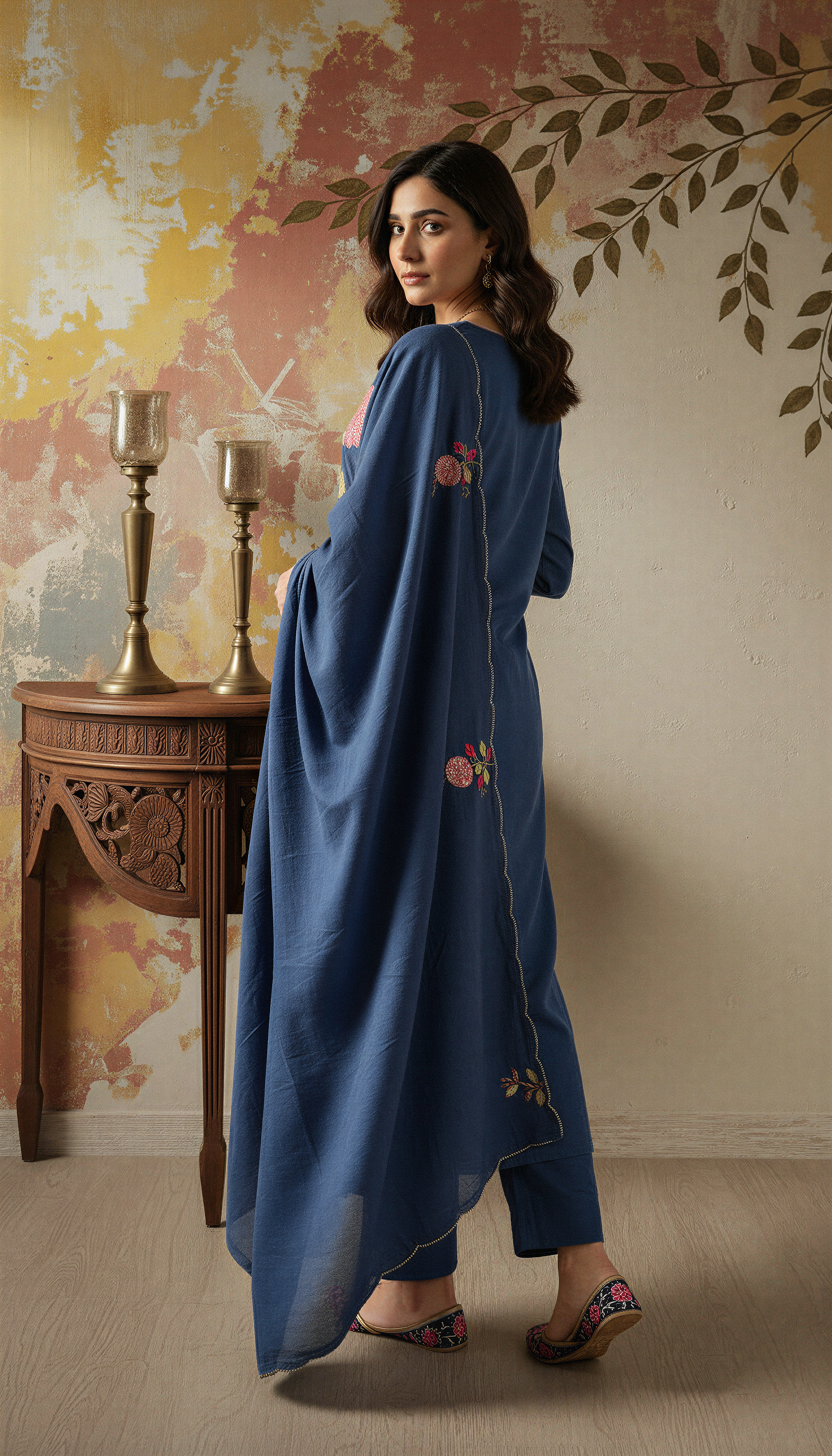 Blue Color Elegant Chanderi Silk Embroidered Kurti Pant with Dupatta Set