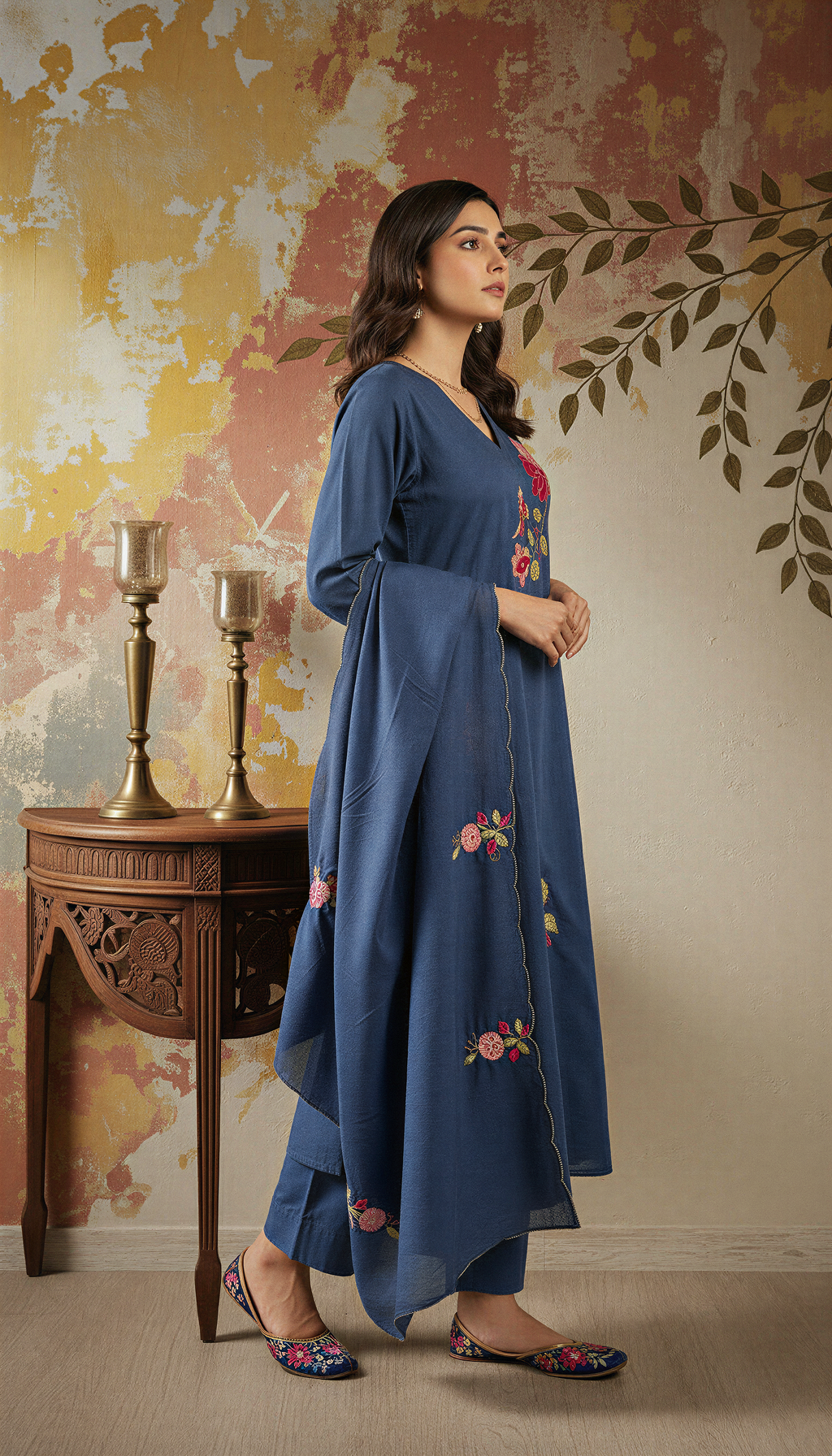 Blue Color Elegant Chanderi Silk Embroidered Kurti Pant with Dupatta Set