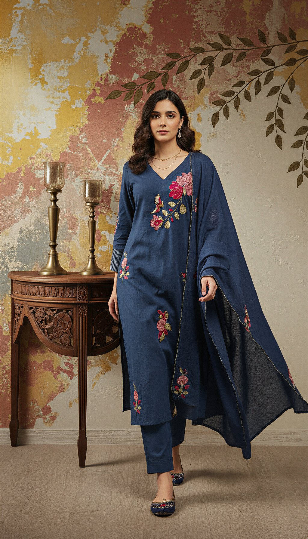 Blue Color Elegant Chanderi Silk Embroidered Kurti Pant with Dupatta Set