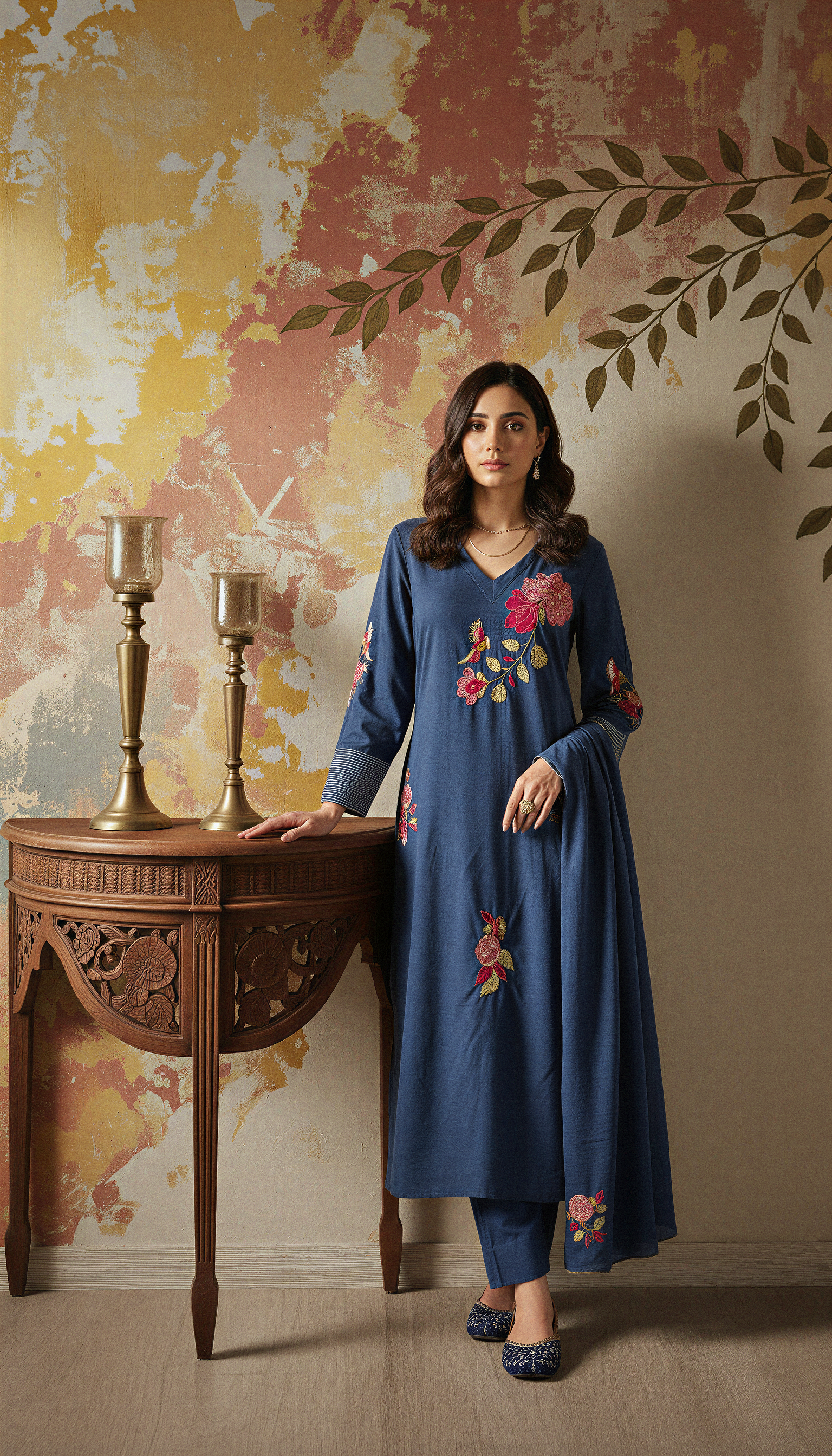 Blue Color Elegant Chanderi Silk Embroidered Kurti Pant with Dupatta Set