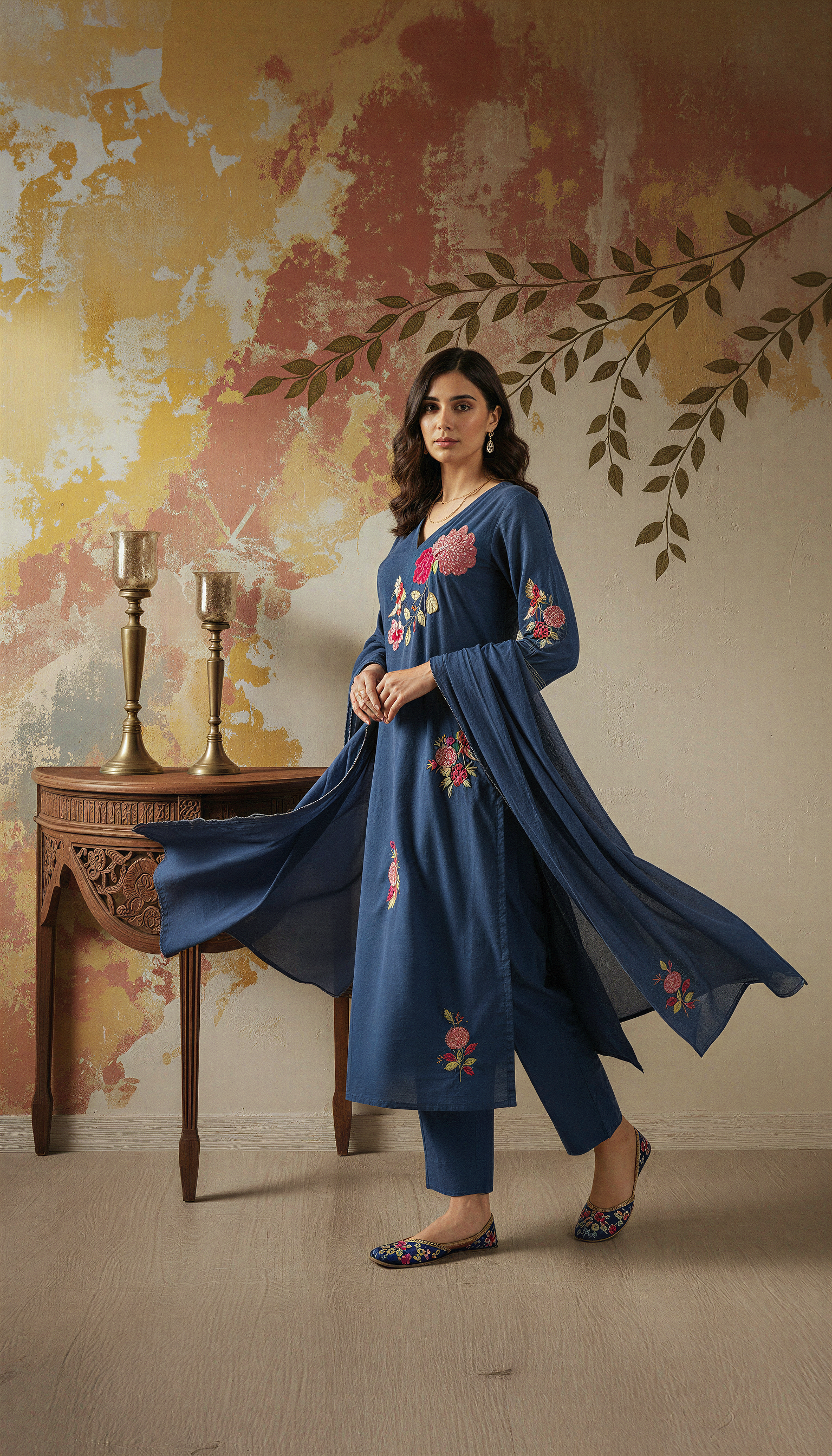 Blue Color Elegant Chanderi Silk Embroidered Kurti Pant with Dupatta Set