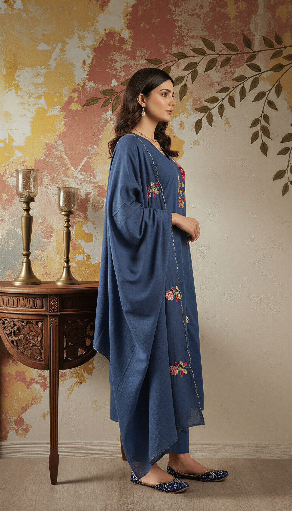 Blue Color Elegant Chanderi Silk Embroidered Kurti Pant with Dupatta Set