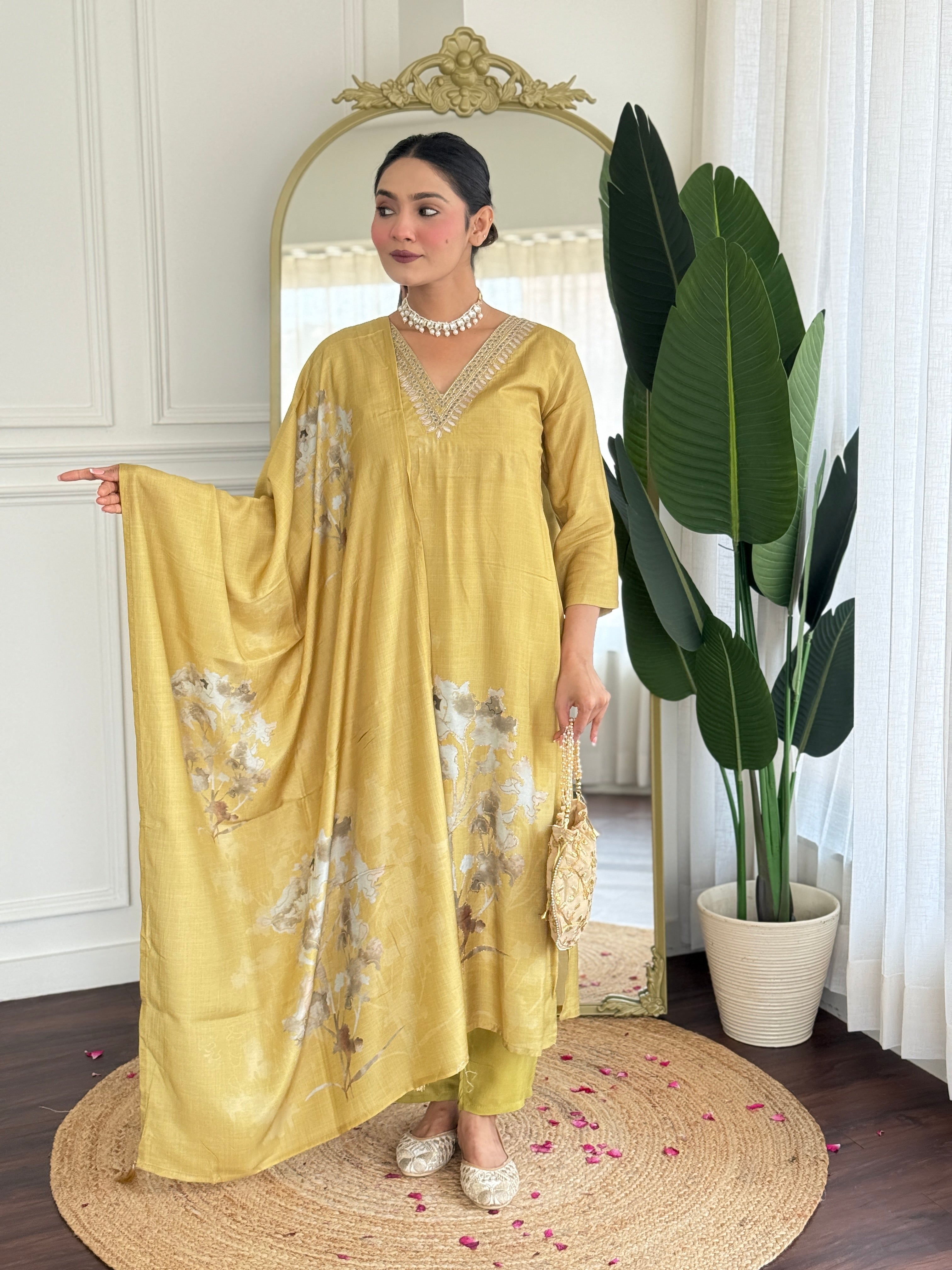 Classic Handwork Embroidered Muslin Fully Stitched Kurti Set with Digital Print