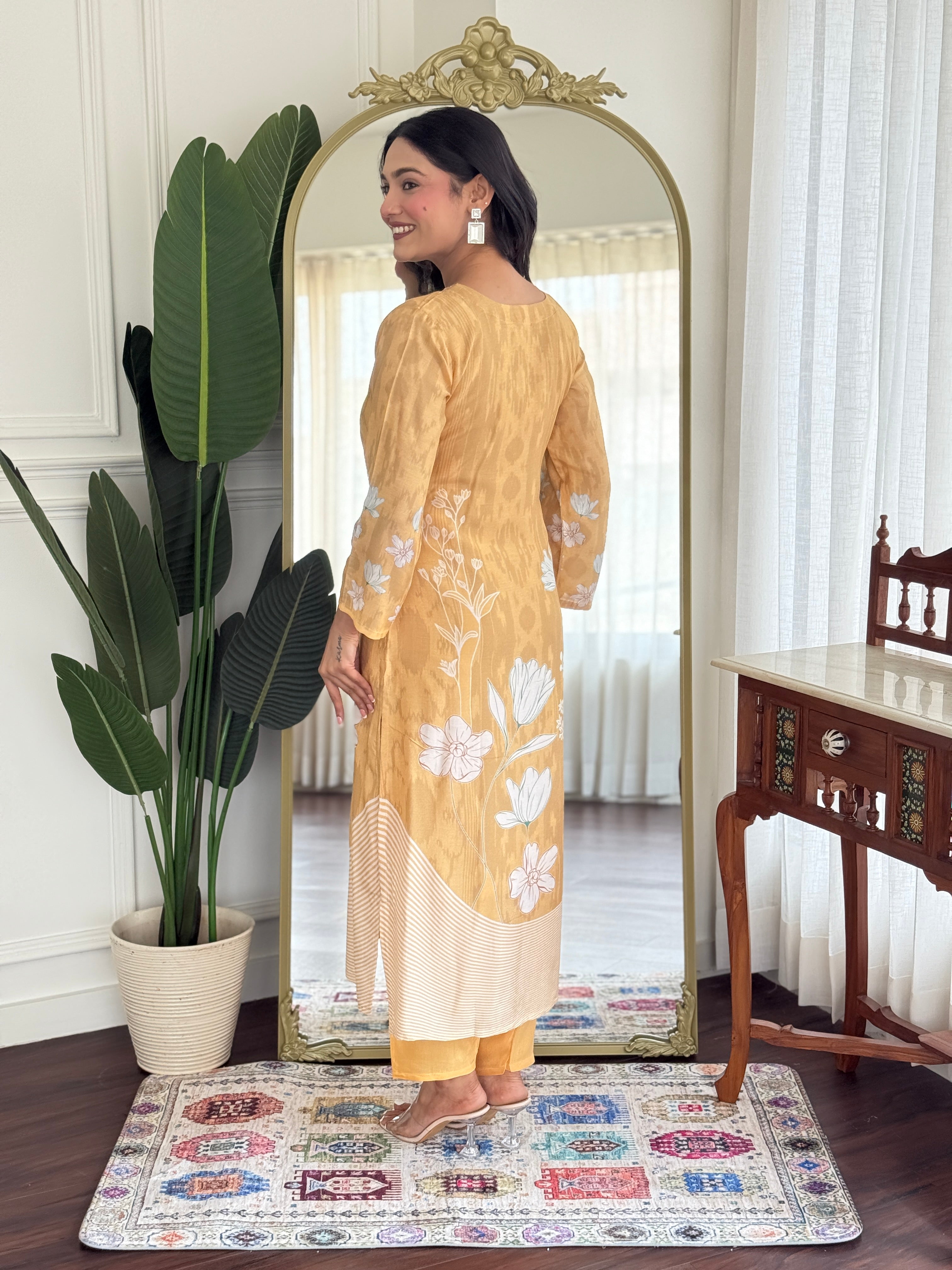 Golden colour Opulent Pure Muslin Digital Print Kurta Set with Designer Embroidery