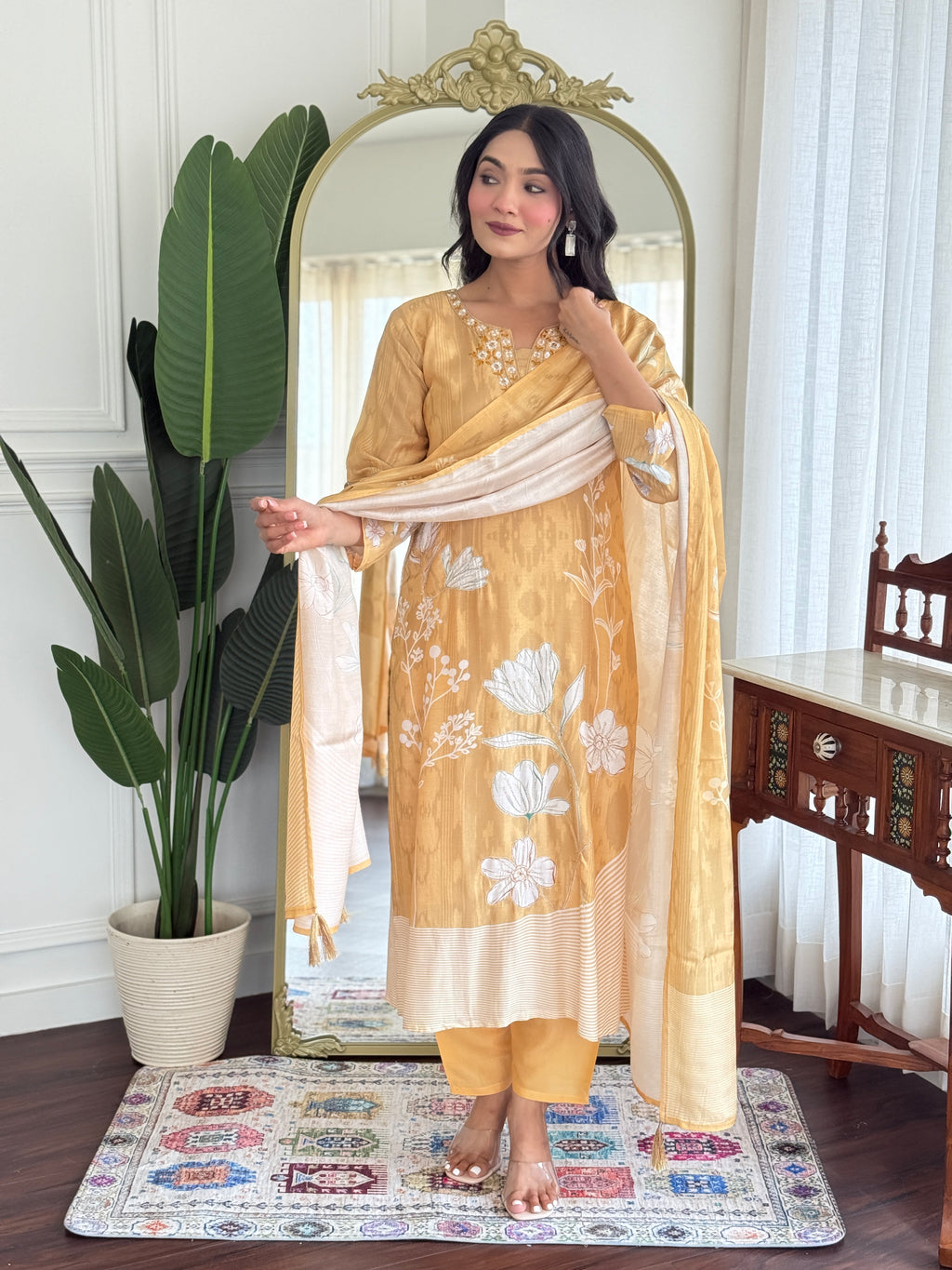 Golden colour Opulent Pure Muslin Digital Print Kurta Set with Designer Embroidery