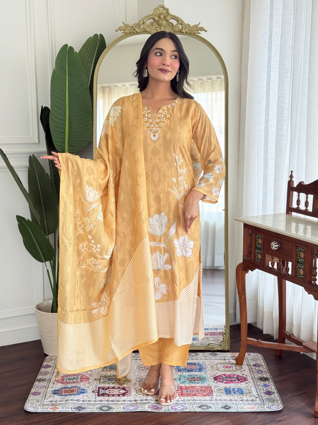 Golden colour Opulent Pure Muslin Digital Print Kurta Set with Designer Embroidery