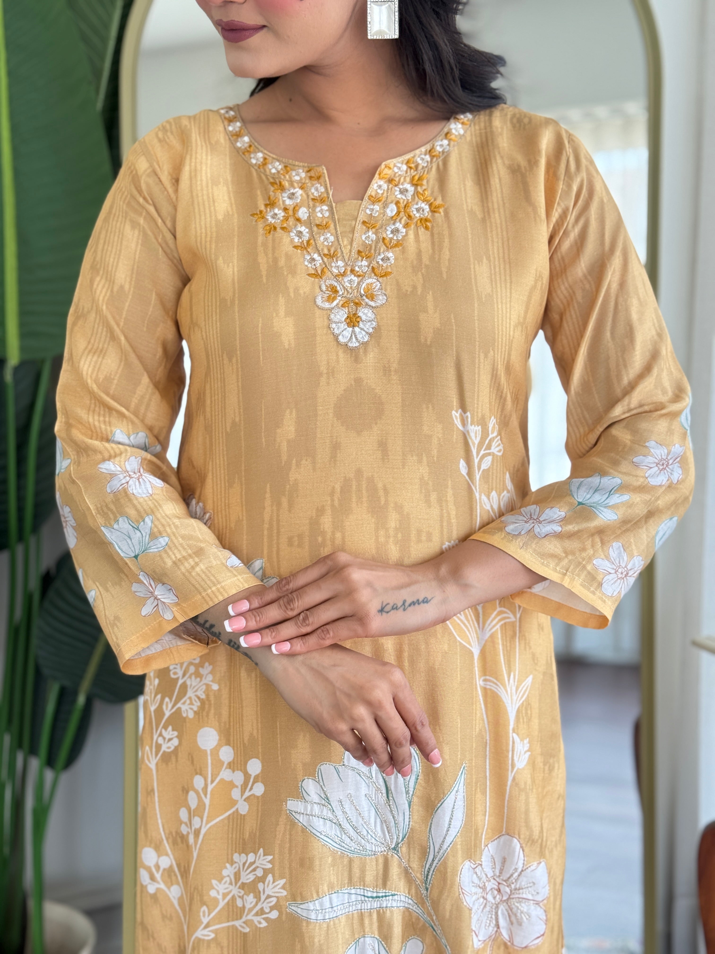 Golden colour Opulent Pure Muslin Digital Print Kurta Set with Designer Embroidery