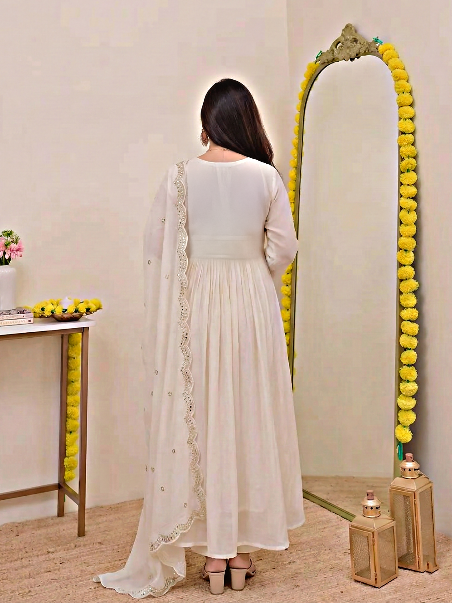 Persian White Noor Handwork Mul Chanderi A Line Suit