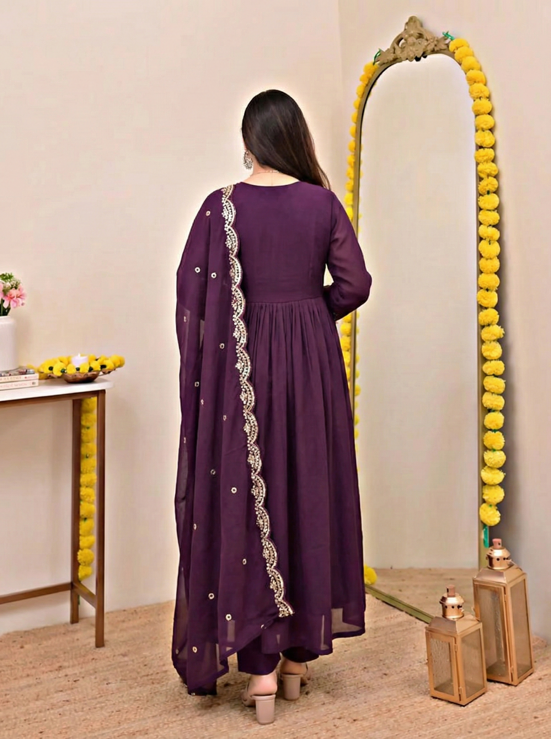 Persian Wine Noor Handwork Mul Chanderi A Line Suit
