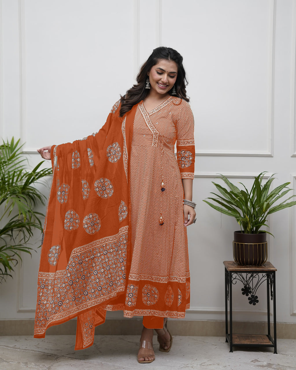 Orange Thread Work Cotton Salwar Kameez, Pant With Dupatta