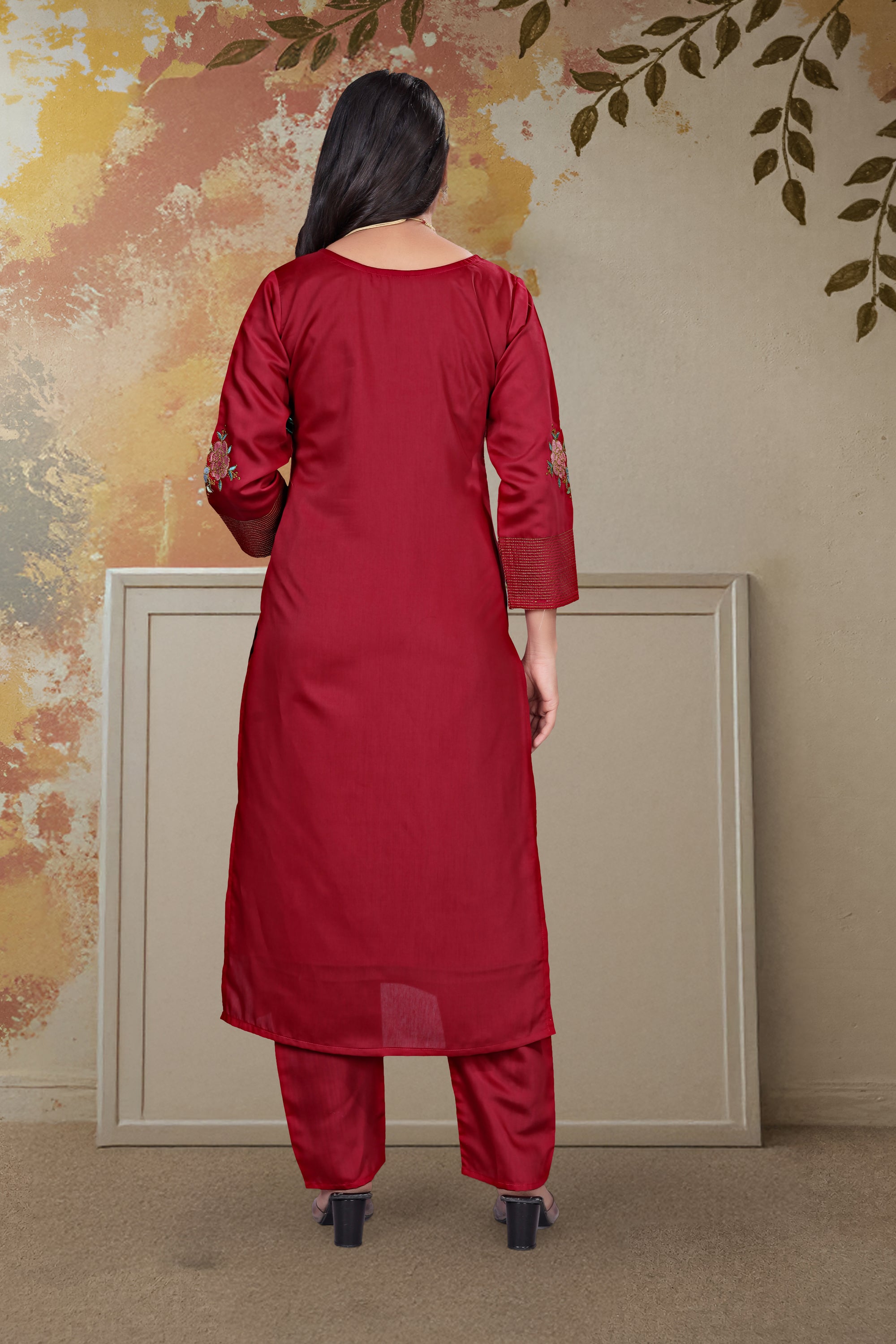 Red Color Elegant Chanderi Silk Embroidered Kurti Pant with Dupatta Set