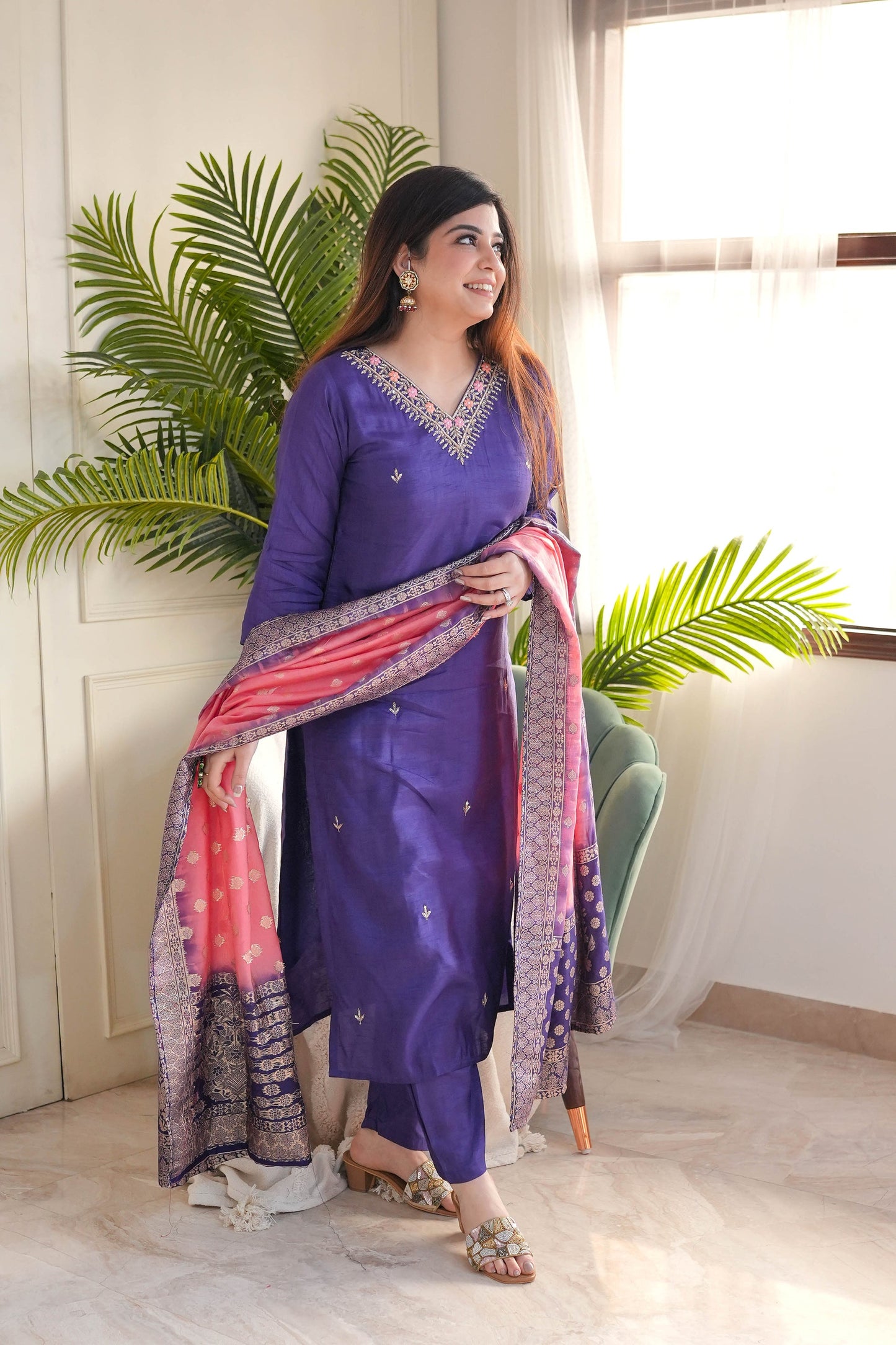 Purple Viscose Chanderi Embroidery Work With Jacquard Dupatta Kurta Pant Set