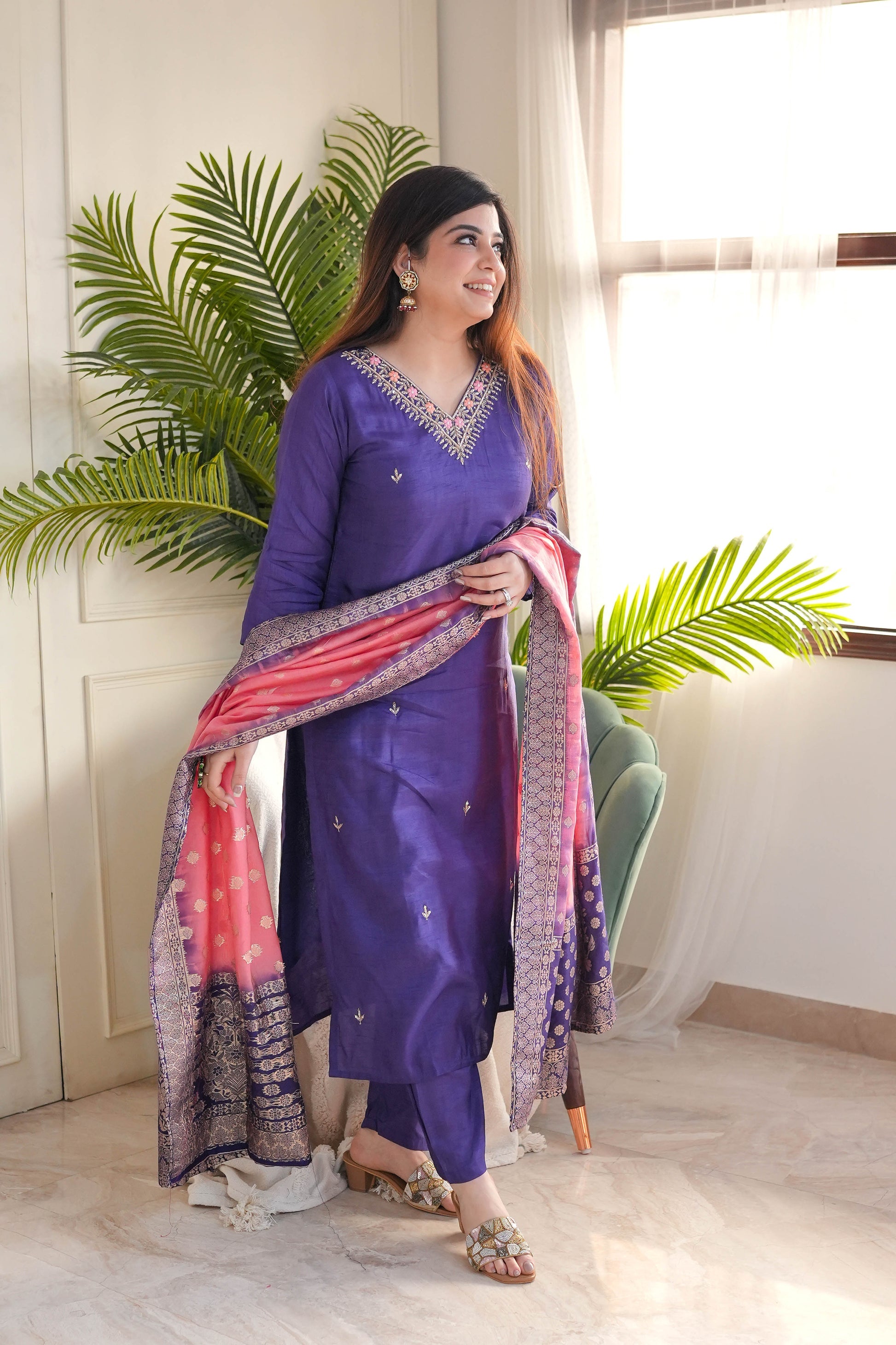 Purple Viscose Chanderi Heavy Thread Embroidery Work With Jacquard Dupatta Kurta Pant Set