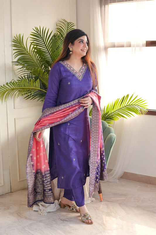 Purple Viscose Chanderi Embroidery Work With Jacquard Dupatta Kurta Pant Set