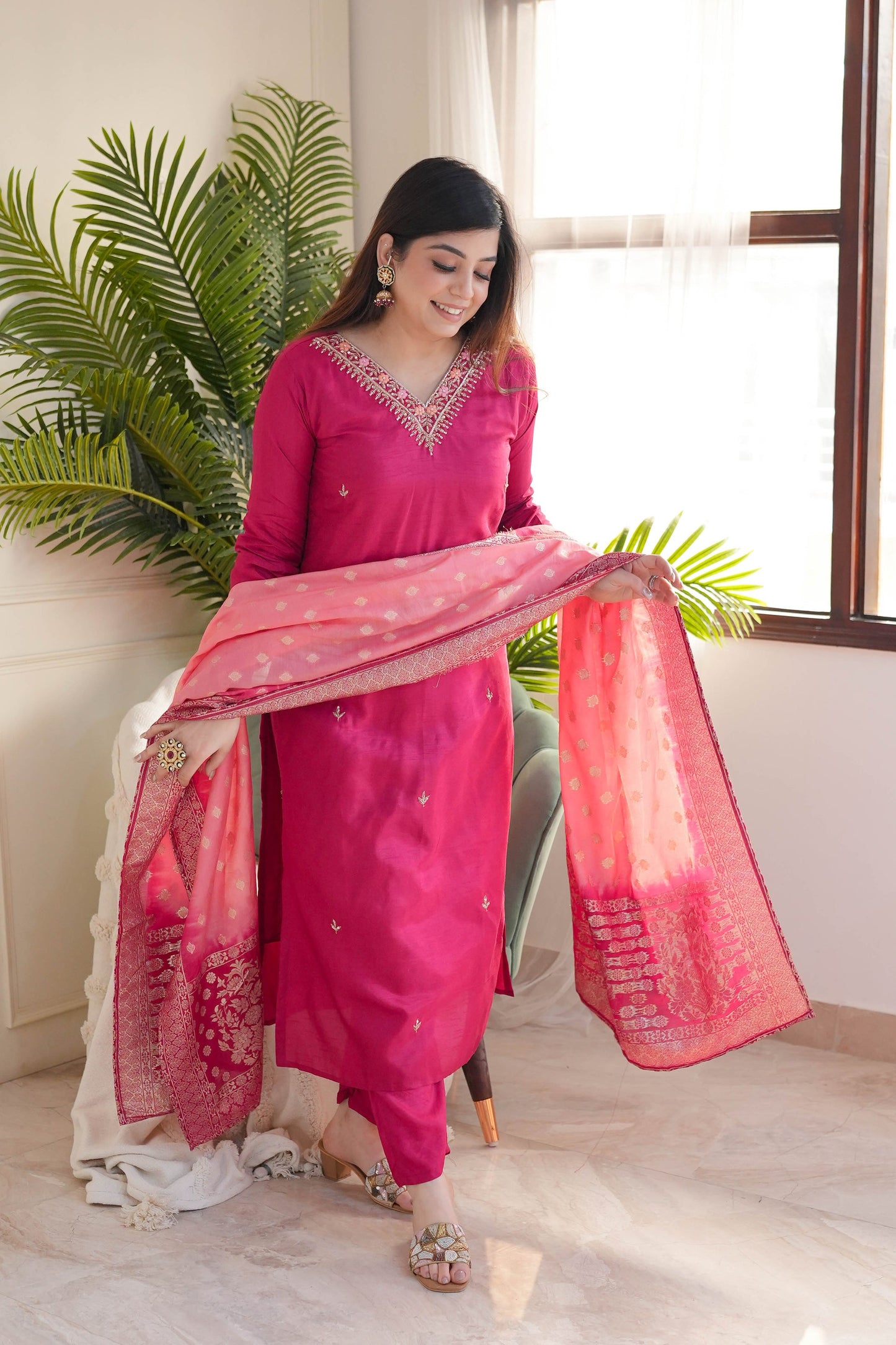Rani Viscose Chanderi Heavy Thread Embroidery Work With Jacquard Dupatta Kurta Pant Set