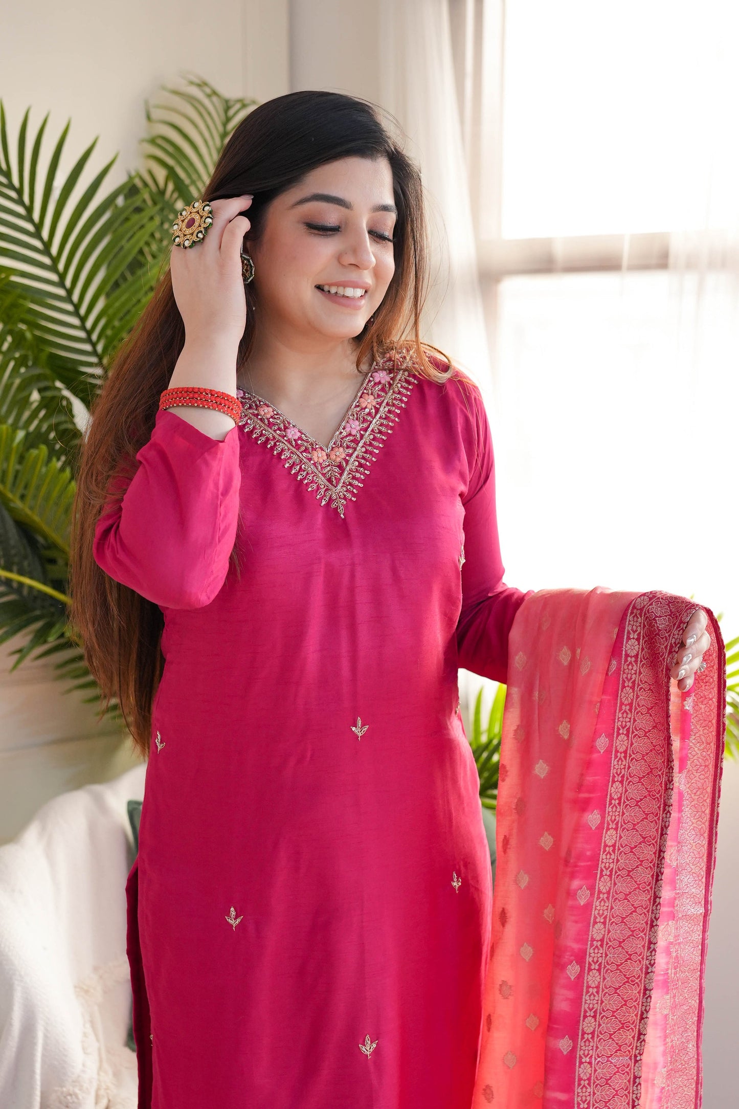 Rani Viscose Chanderi Heavy Thread Embroidery Work With Jacquard Dupatta Kurta Pant Set