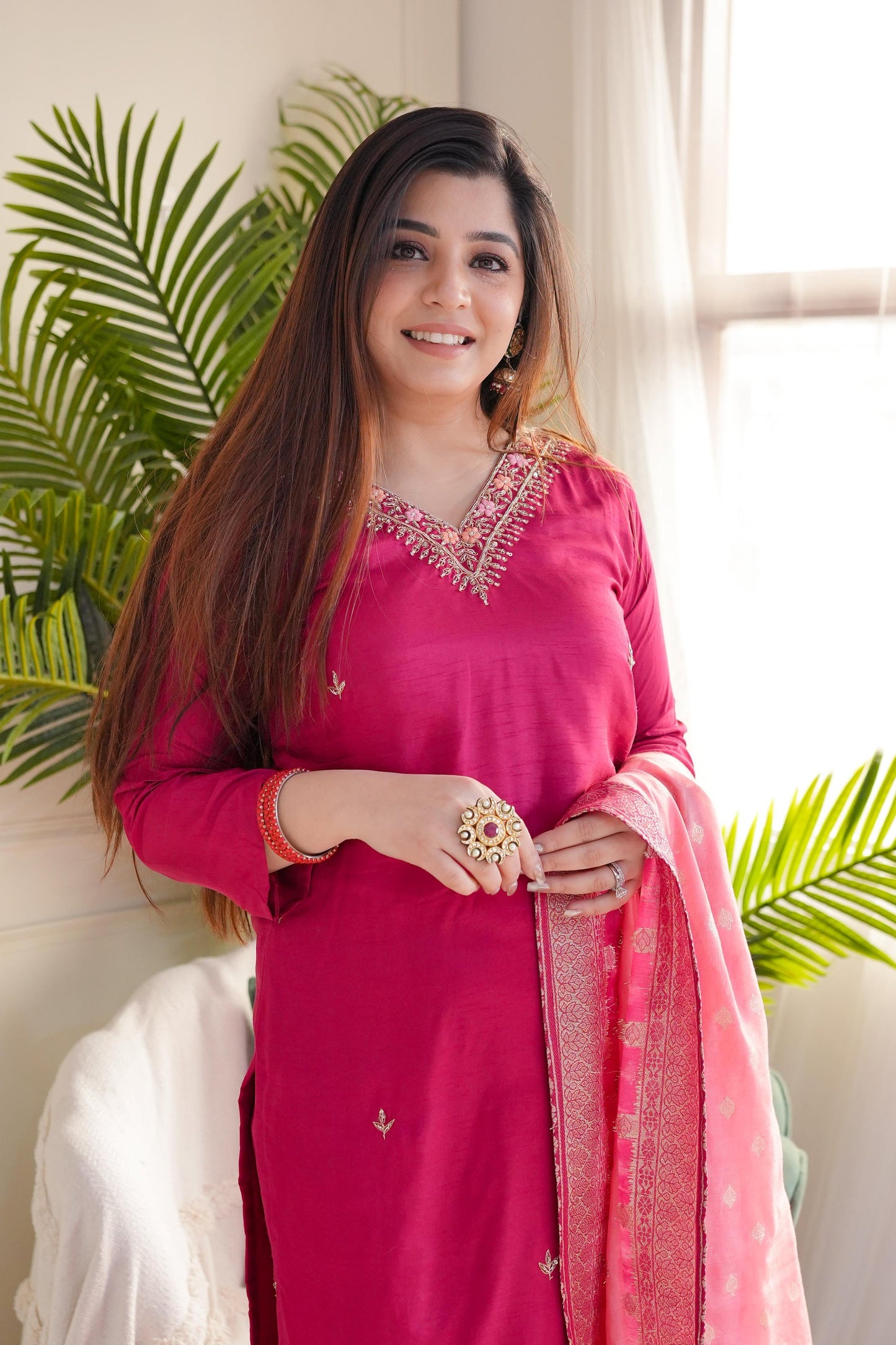 Rani Viscose Chanderi Heavy Thread Embroidery Work With Jacquard Dupatta Kurta Pant Set