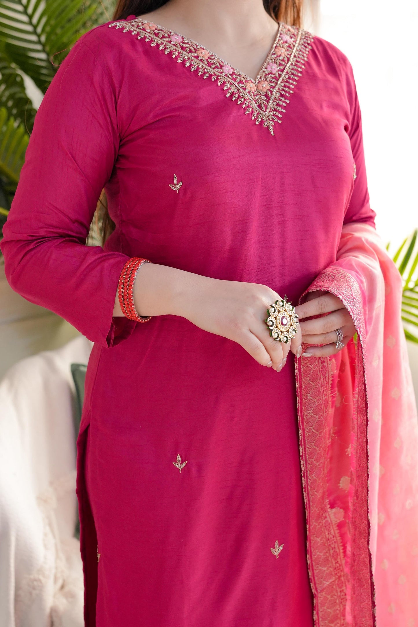Rani Viscose Chanderi Heavy Thread Embroidery Work With Jacquard Dupatta Kurta Pant Set