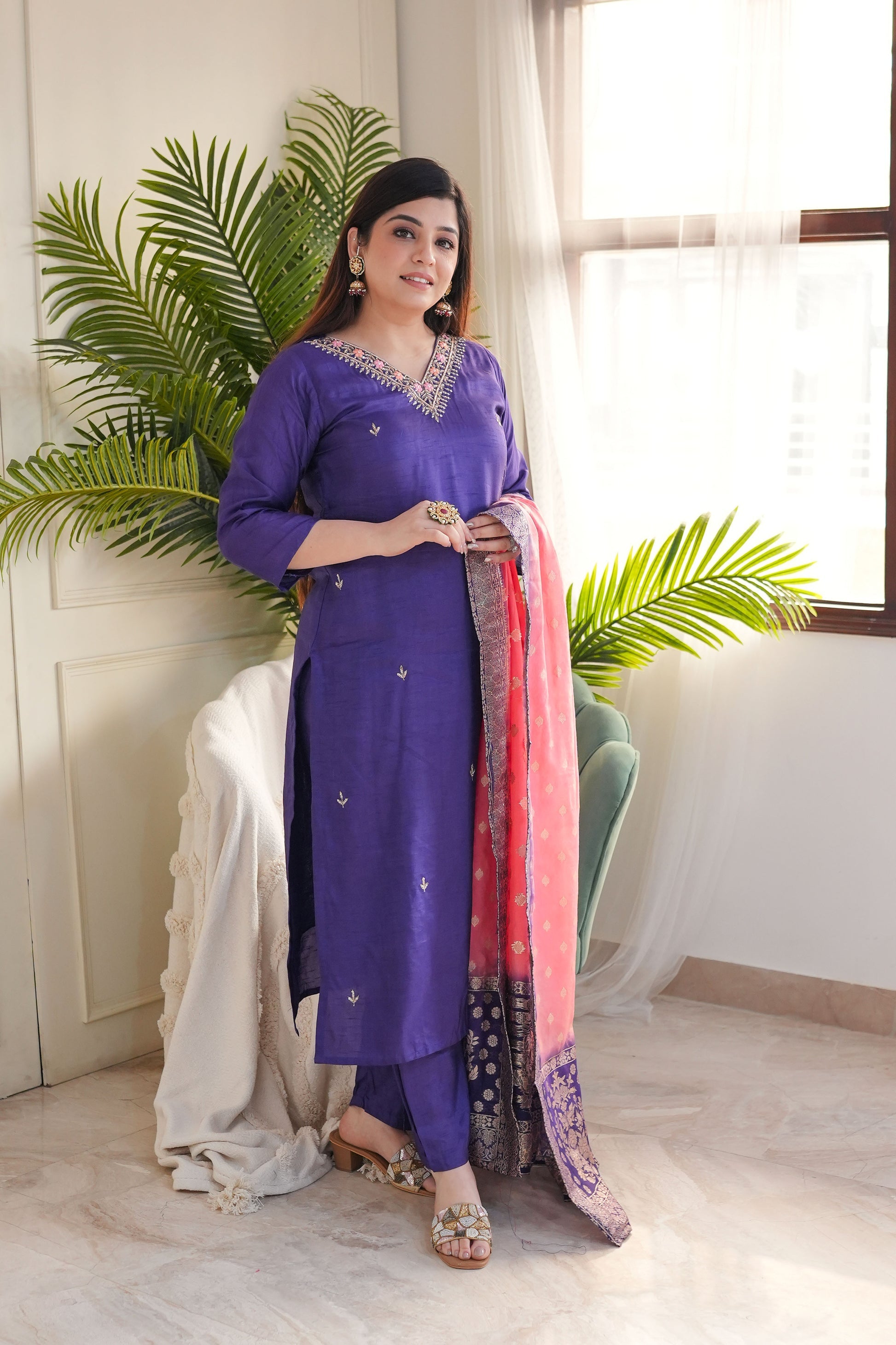 Purple Viscose Chanderi Heavy Thread Embroidery Work With Jacquard Dupatta Kurta Pant Set