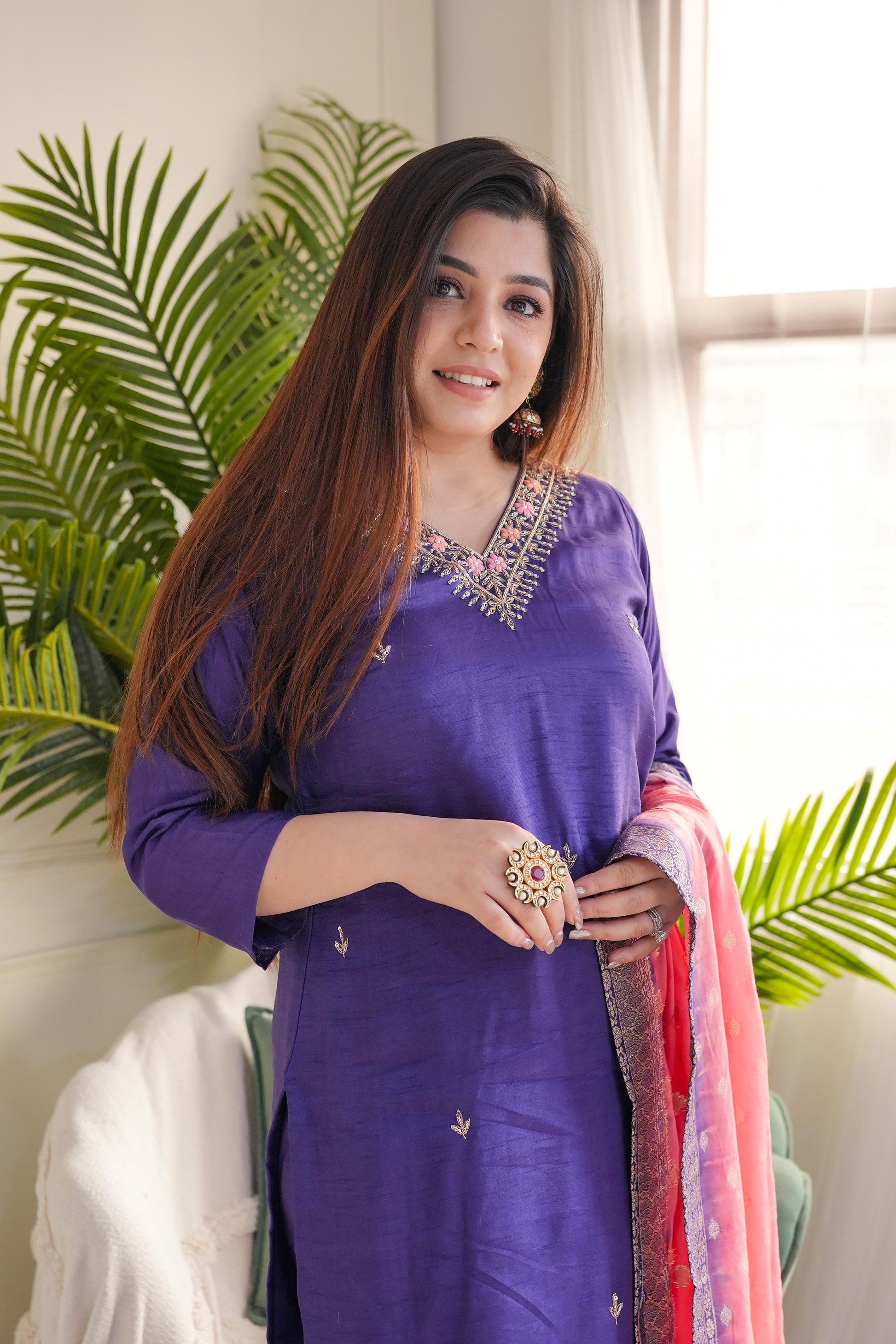 Purple Viscose Chanderi Heavy Thread Embroidery Work With Jacquard Dupatta Kurta Pant Set