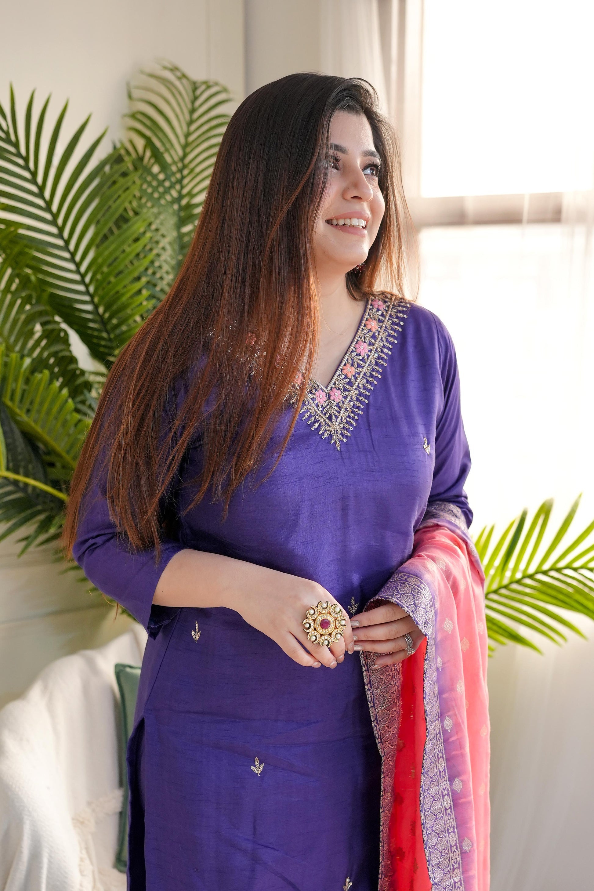 Purple Viscose Chanderi Heavy Thread Embroidery Work With Jacquard Dupatta Kurta Pant Set