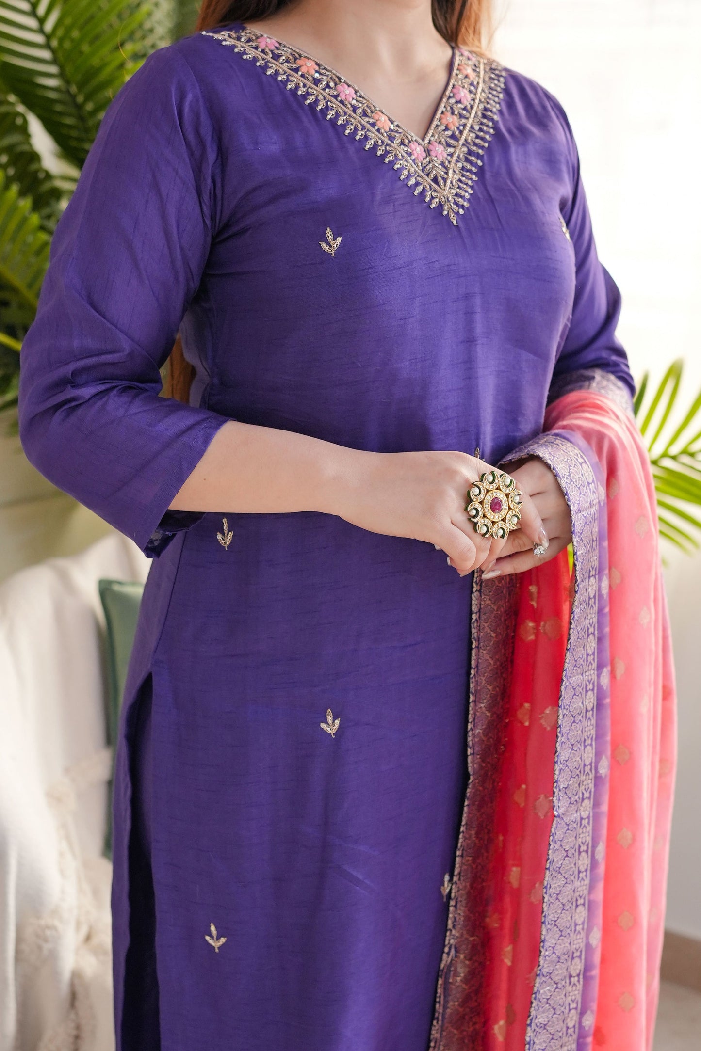 Purple Viscose Chanderi Embroidery Work With Jacquard Dupatta Kurta Pant Set