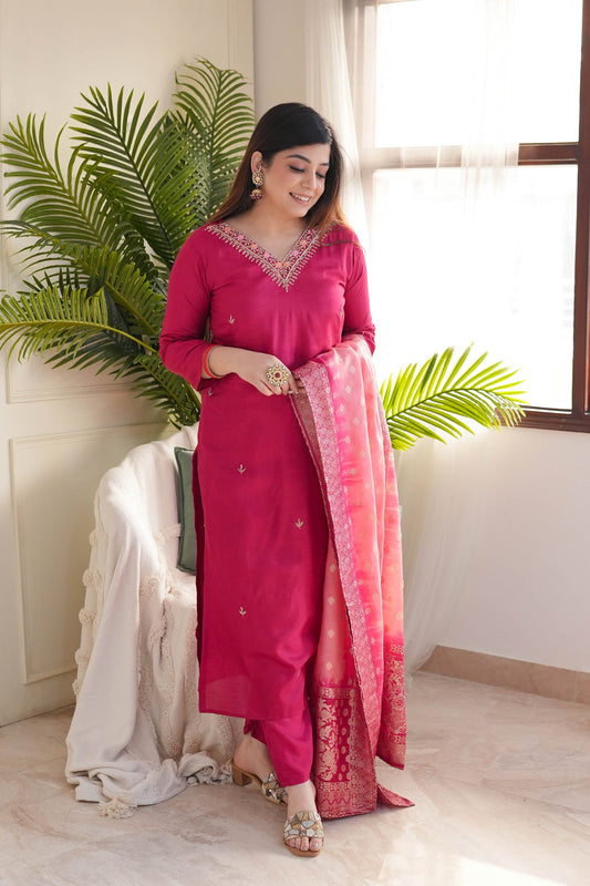 Rani Viscose Chanderi Heavy Thread Embroidery Work With Jacquard Dupatta Kurta Pant Set