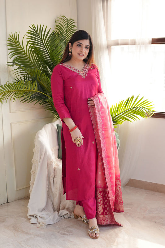 Rani Viscose Chanderi Heavy Thread Embroidery Work With Jacquard Dupatta Kurta Pant Set